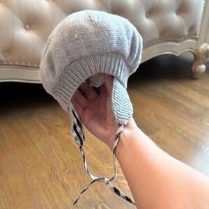 Burberry Gray Knitted Hat with Ear Flaps and Braided Ties